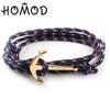 HOMOD 2019 New Fashion Black Color Anchor Bracelets Men Charm Survival Rope Chain Paracord Bracelet Male Wrap Metal Sport Hooks